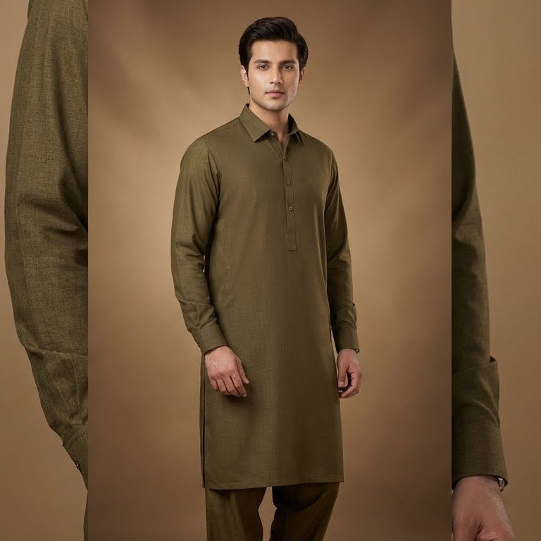 Man wearing a green kurta with pants against a brown background