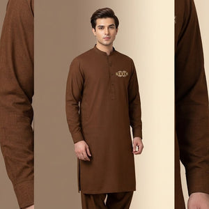 Brown kurta set with a man wearing it against a beige background