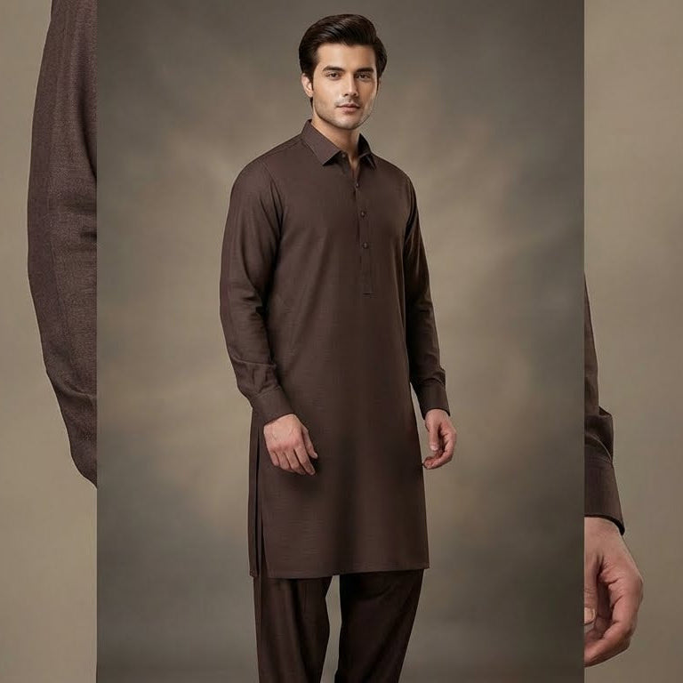 Man wearing a brown kurta with pants against a plain background