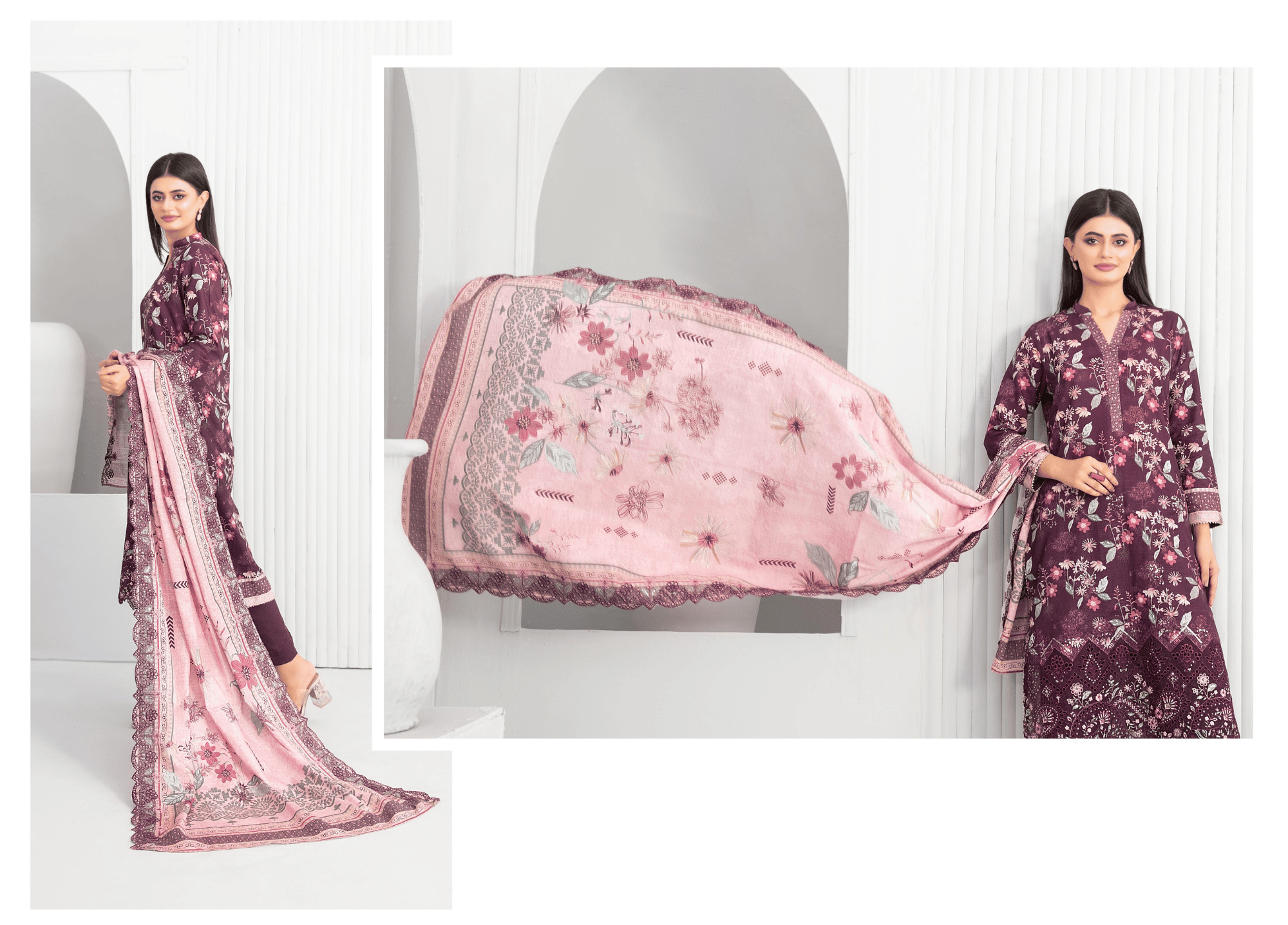 Plum Floral Embroidered Khaddar 3 Piece Suit – Winter Collection