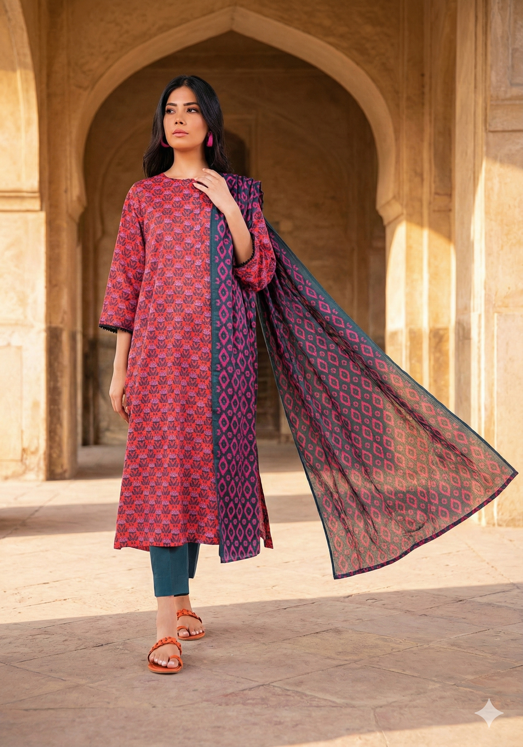 Suit - UnRed & Teal Printed Khaddar 3-Piecstitched