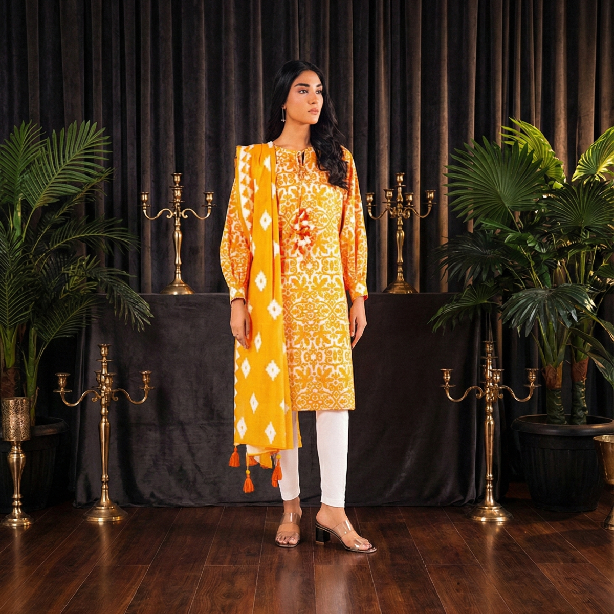 Woman in a yellow traditional outfit standing in front of decorative plants and black curtains.