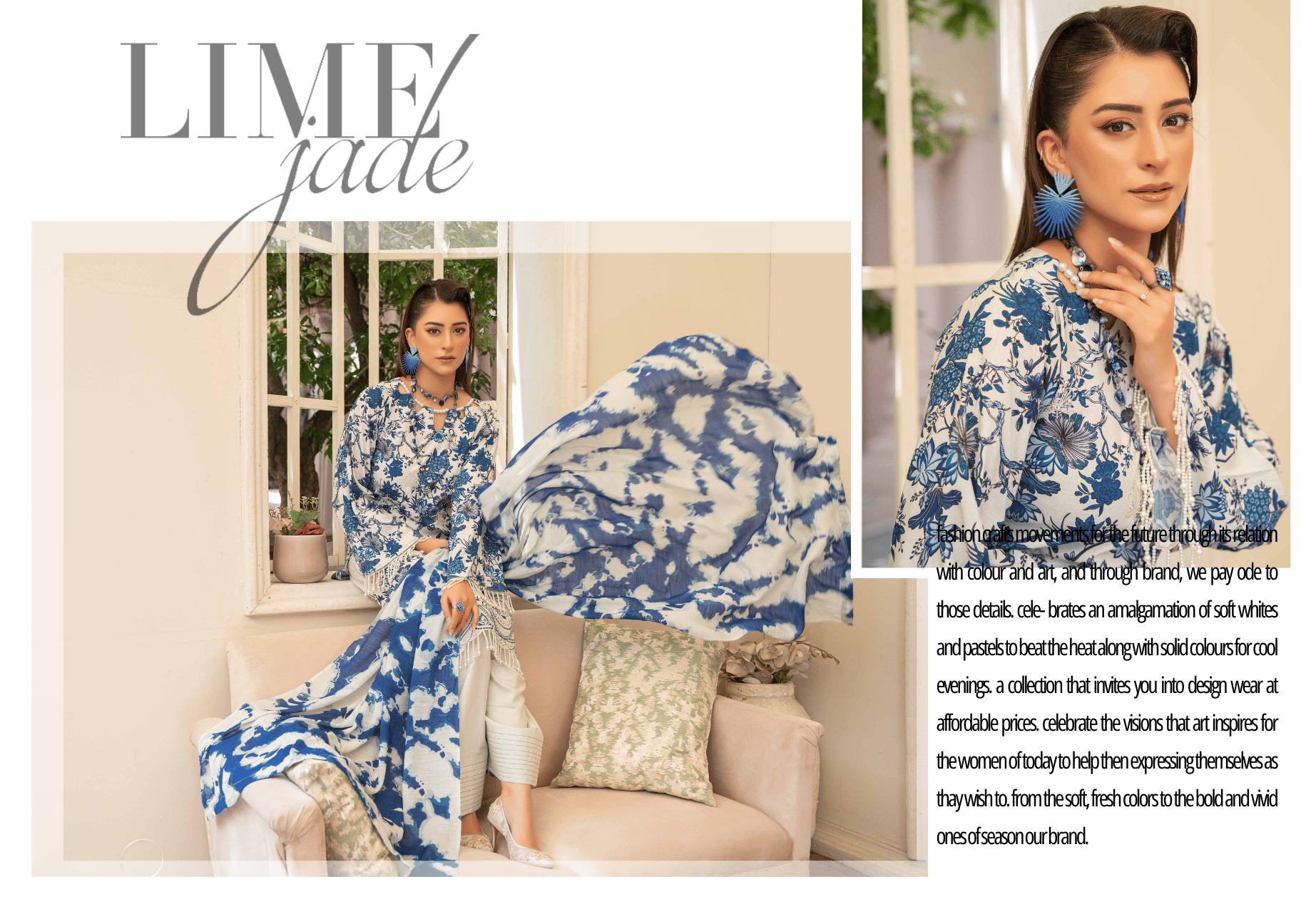 Blue & White Porcelain Floral 3-Piece Suit | Applique Embroidered Staple Slub