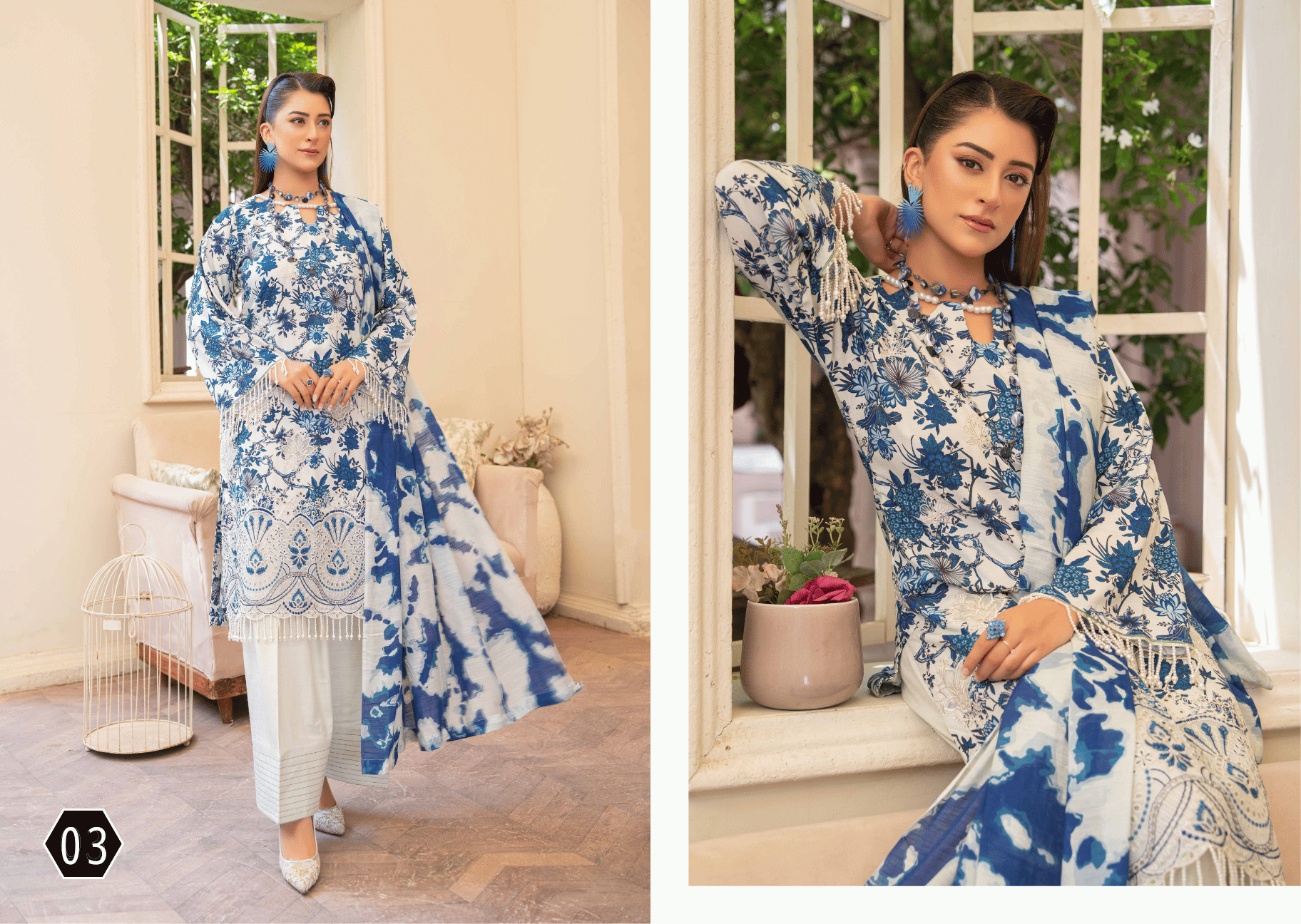 Blue & White Porcelain Floral 3-Piece Suit | Applique Embroidered Staple Slub
