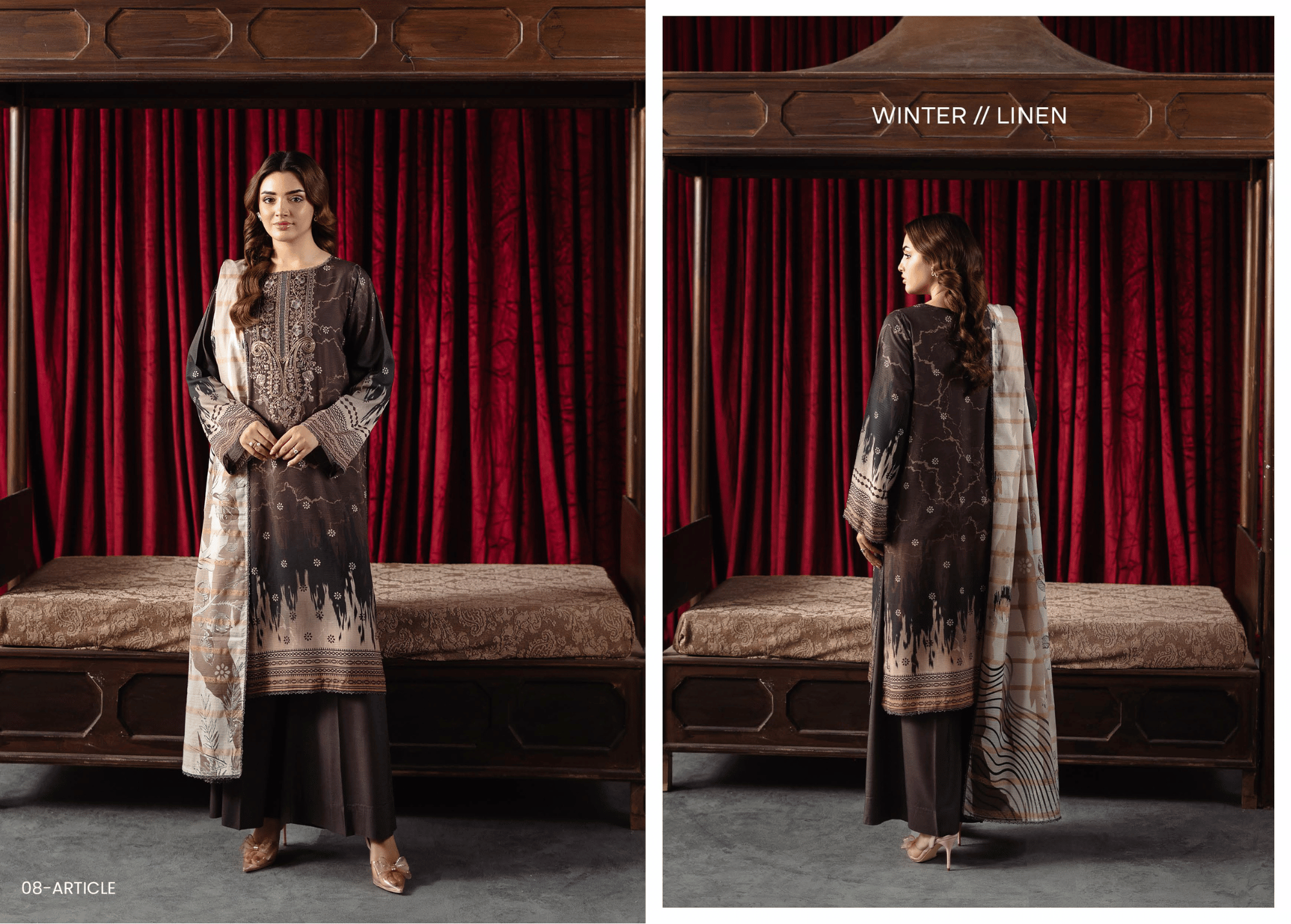 The Mocha Muse: Premium Earth-Tone Linen Ensemble with Abstract Hem | Unstitched