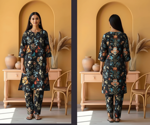 Woman wearing a floral dress and pants set in a room with yellow walls and wooden furniture.