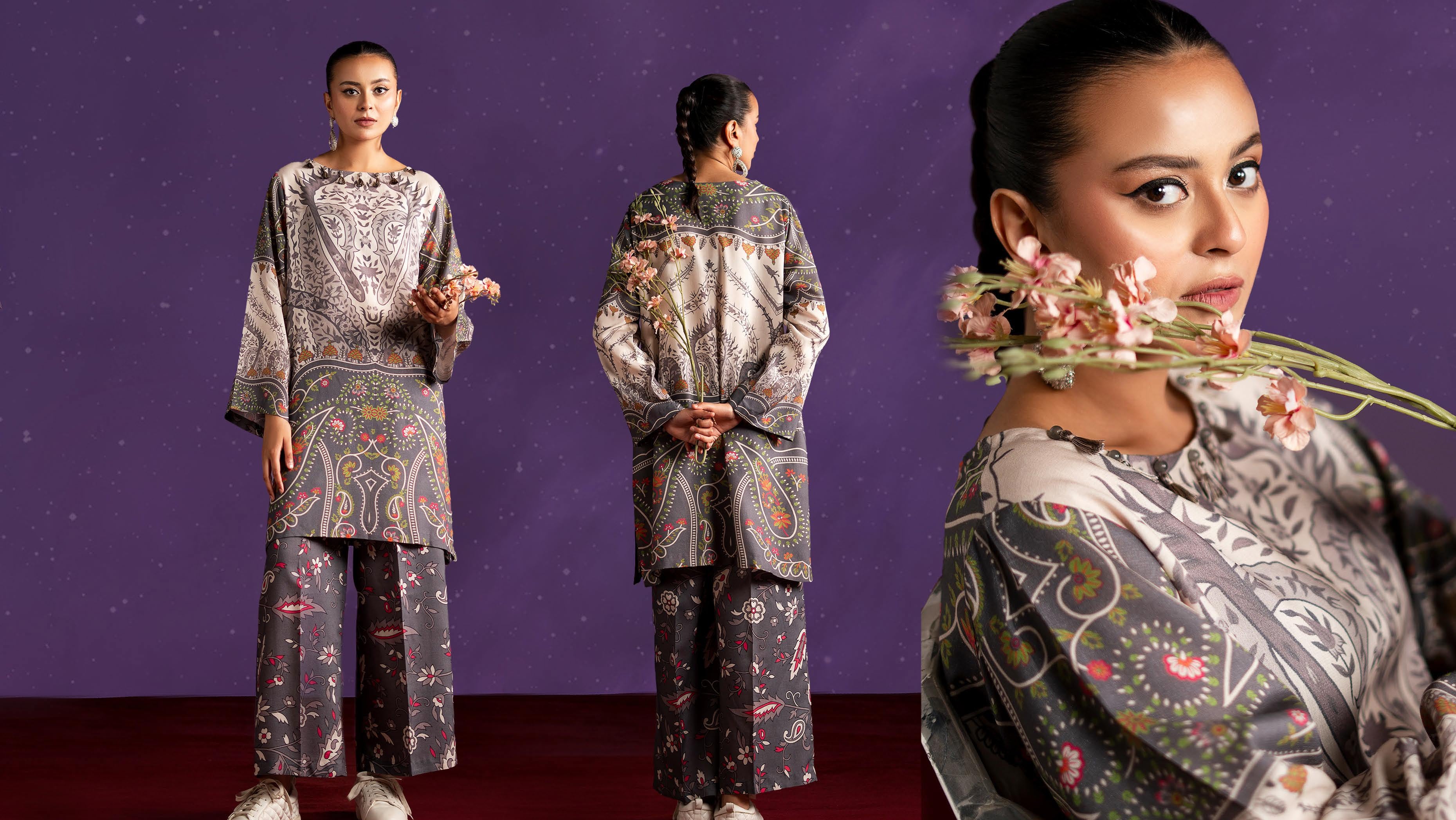 Woman wearing a patterned outfit with a purple background