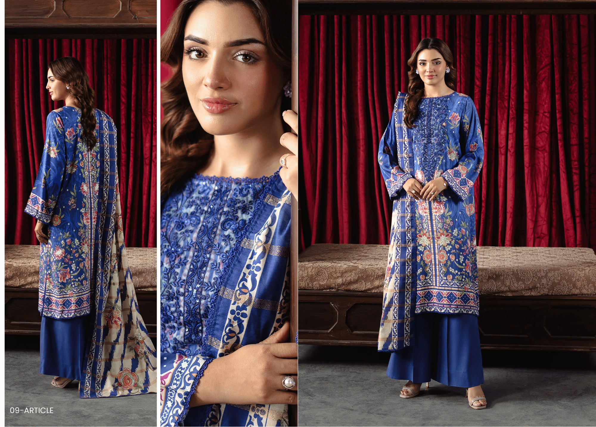 Royal Sapphire Luxe: 3-Piece Digital Printed Linen Bana Dora Suit with Embroidered Organza Neckline | Unstitched