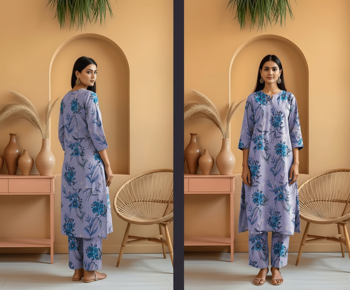 Woman wearing a blue floral dress and pants in a room with beige walls and wooden furniture.