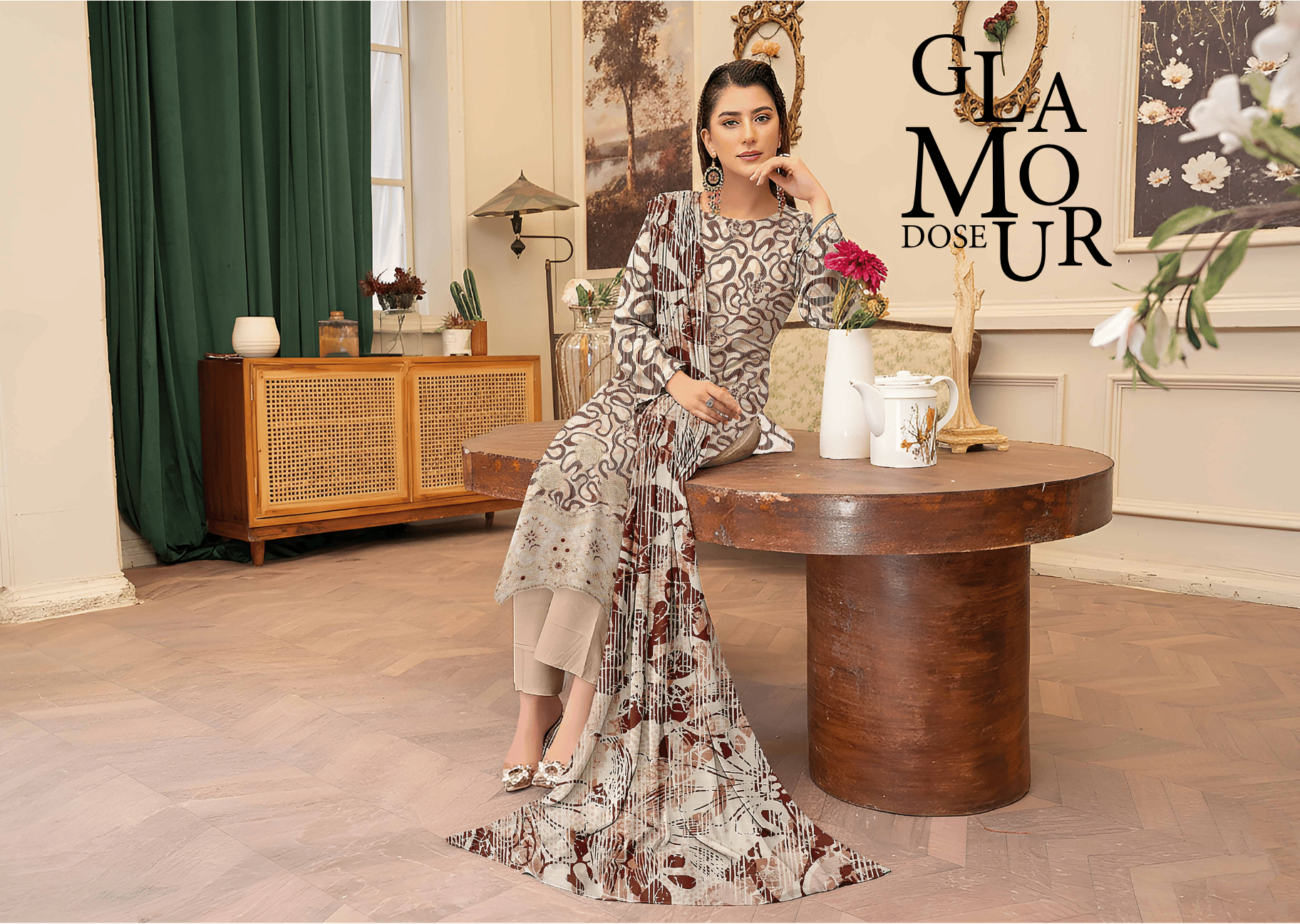 Mocha Brown & Beige Abstract 3-Piece Suit | Applique Embroidered Staple Slub