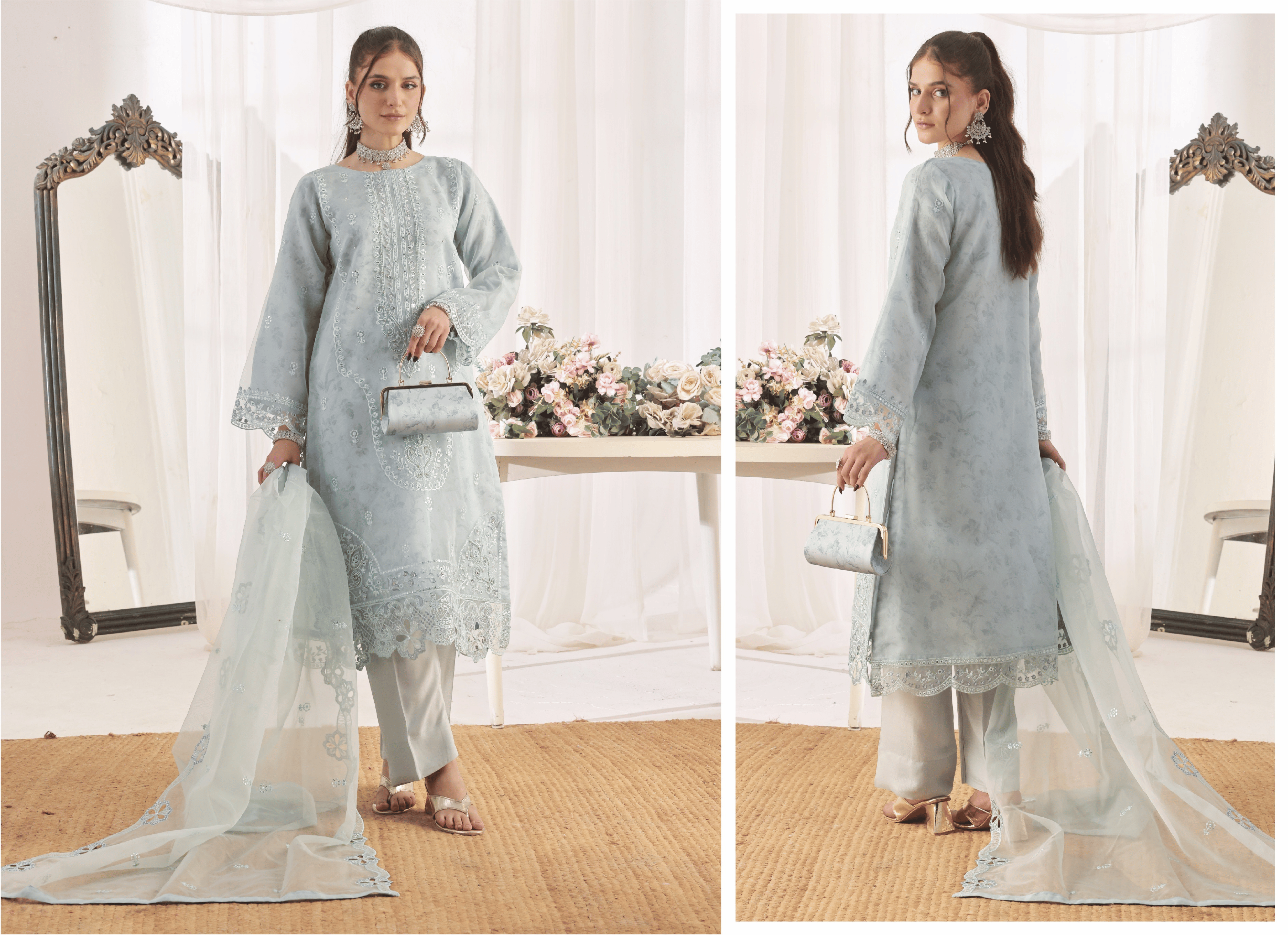 Luxurious Embroidered Powder Blue Organza 3-Piece Suit with Matching Clutch