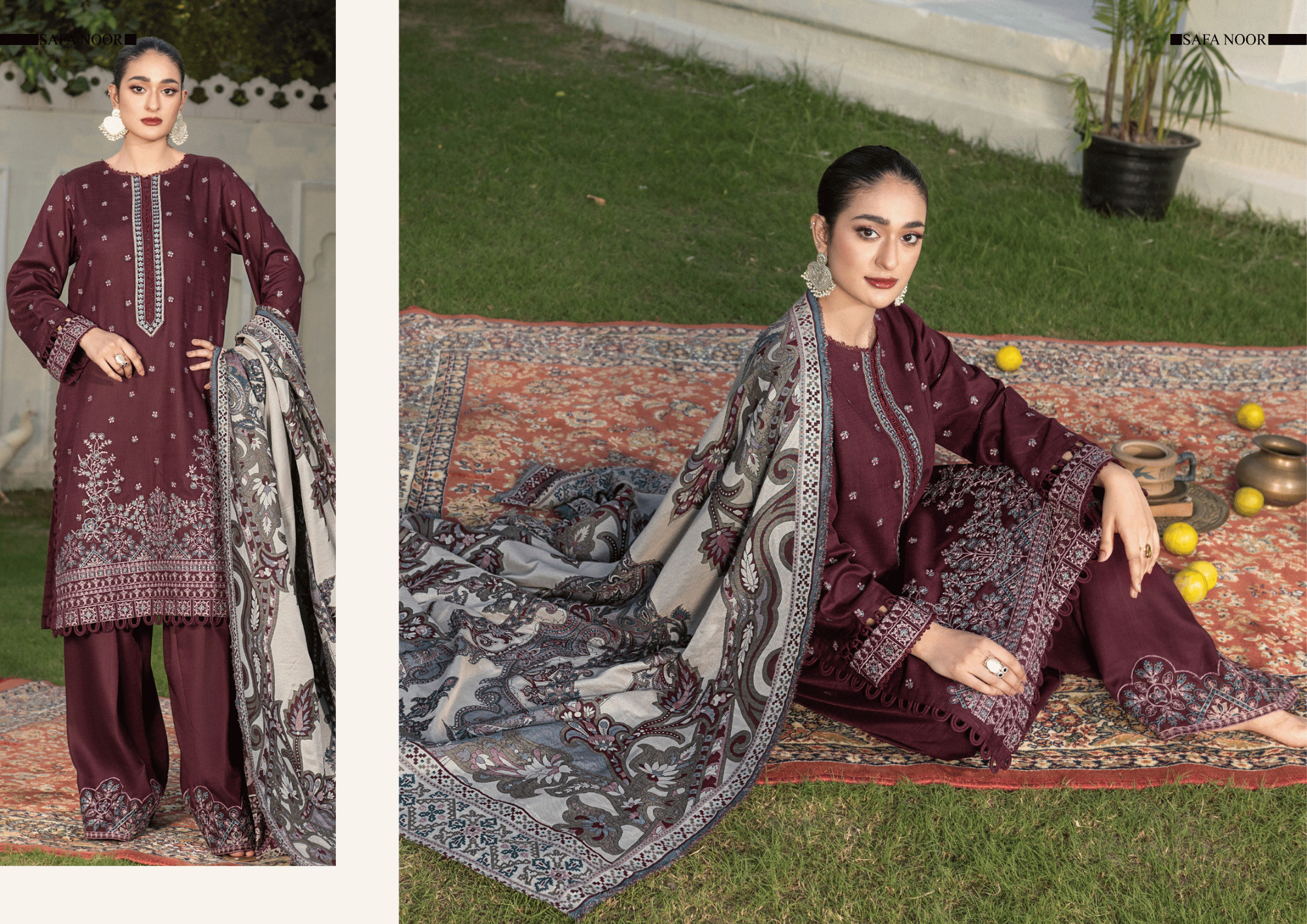 Deep Maroon Embroidered Warm Slub 3 Piece Suit with Premium Jacquard Shawl – Winter Collection