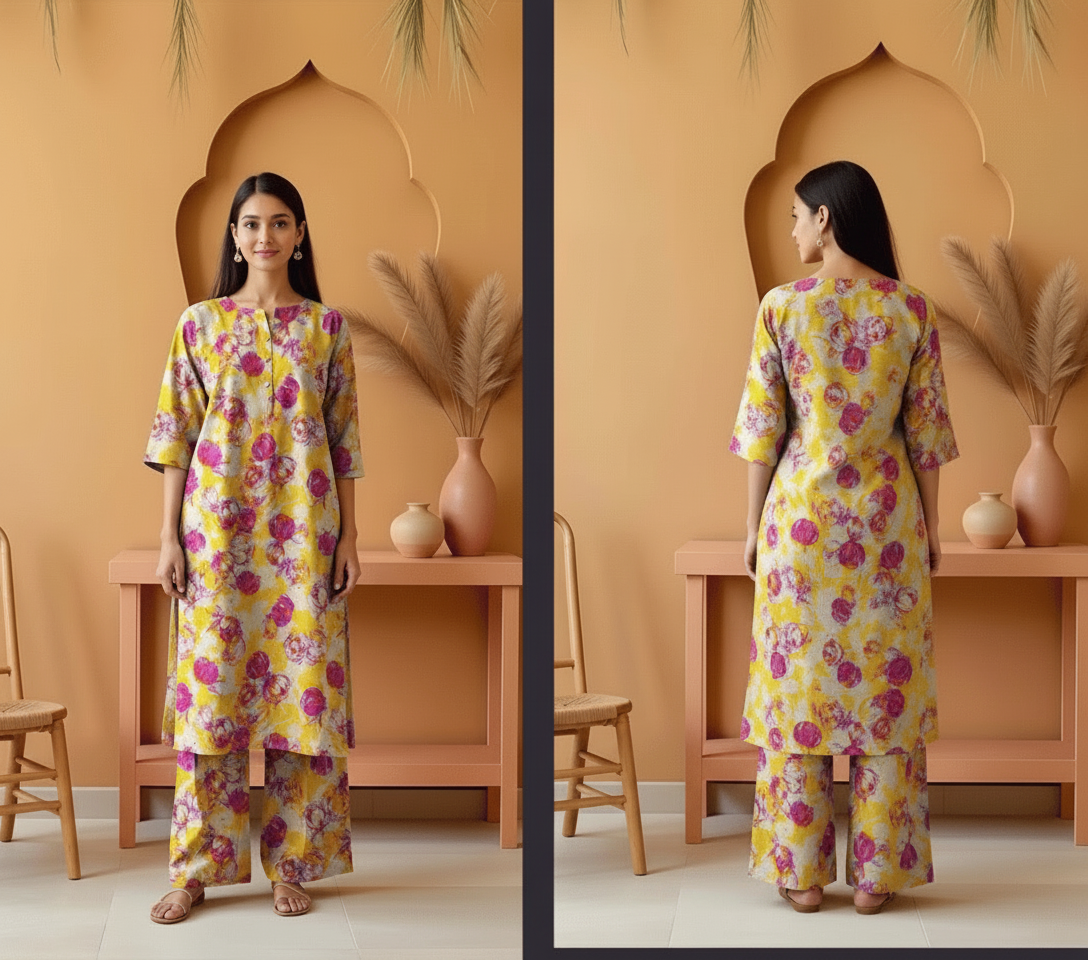 Woman wearing a floral dress in a room with a decorative arch and vase.