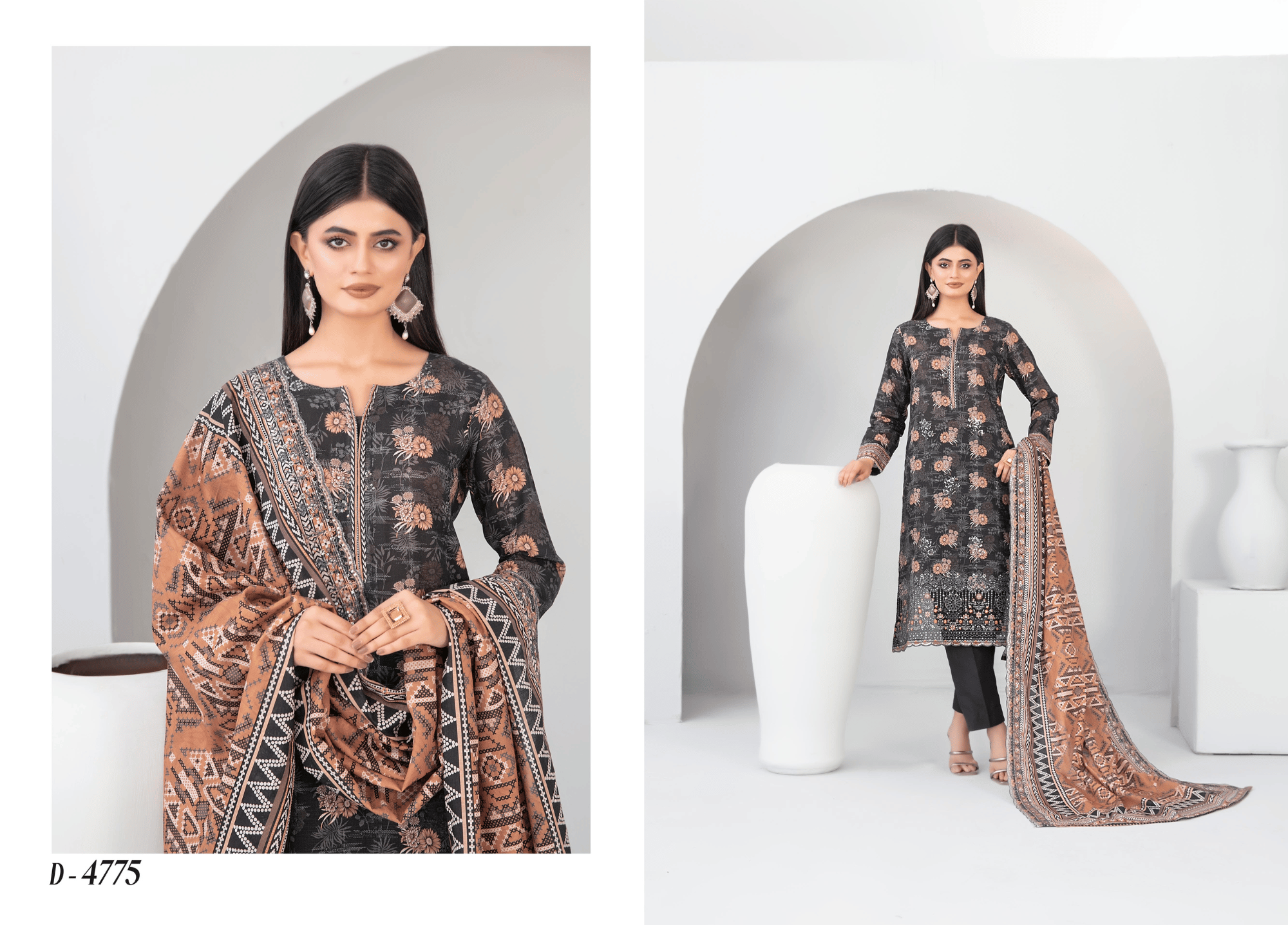 Chestnut Black Floral Embroidered Khaddar 3 Piece Suit – Winter Collection