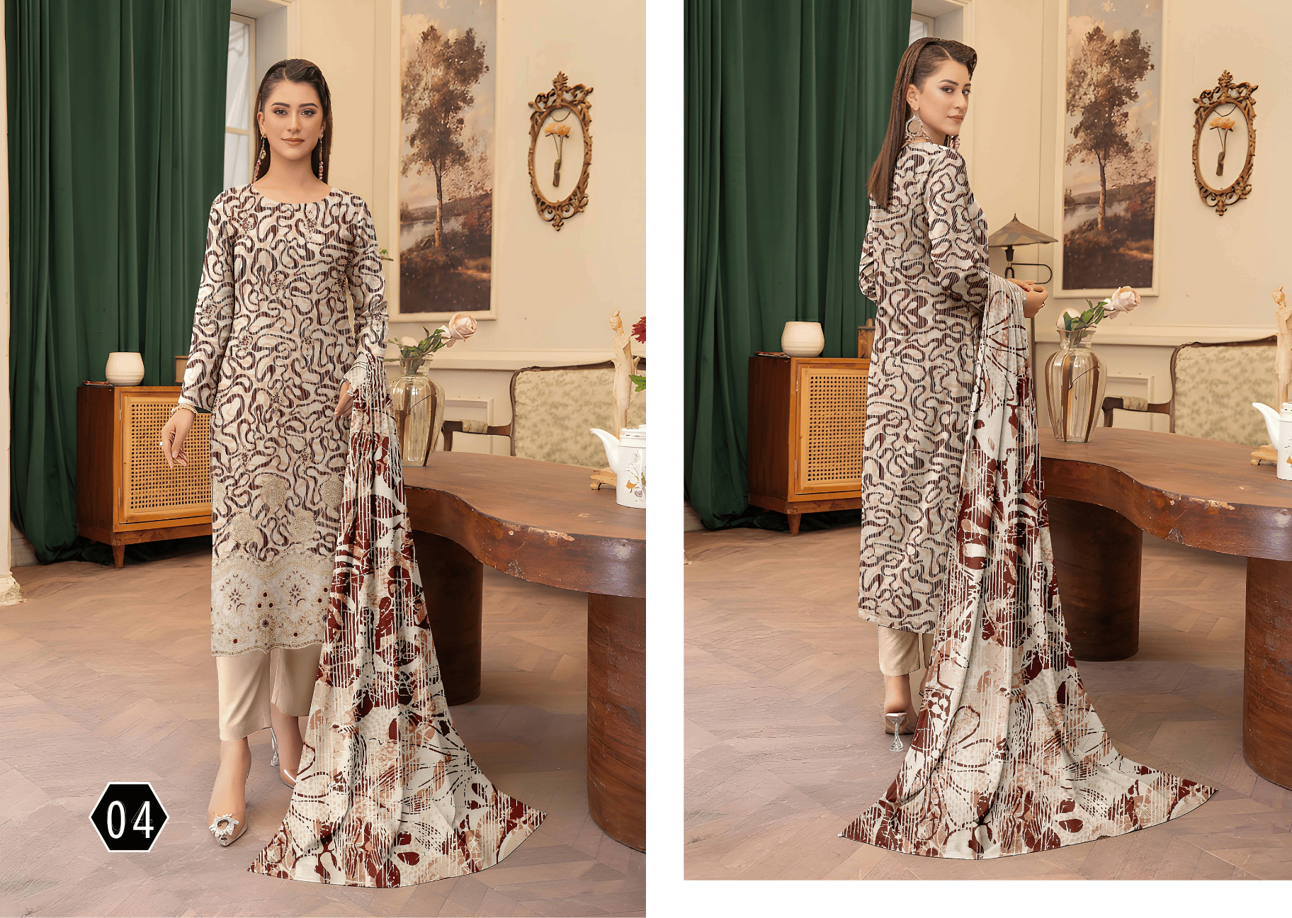 Mocha Brown & Beige Abstract 3-Piece Suit | Applique Embroidered Staple Slub