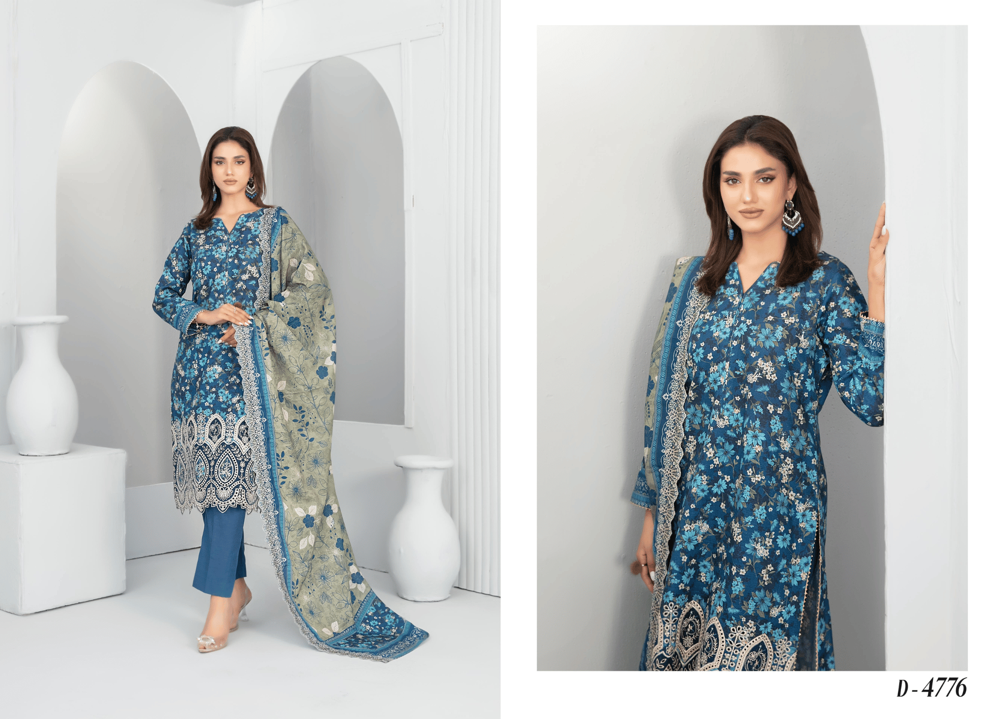 Azure Blue Floral Embroidered Khaddar 3-Piece Suit – Winter Collection