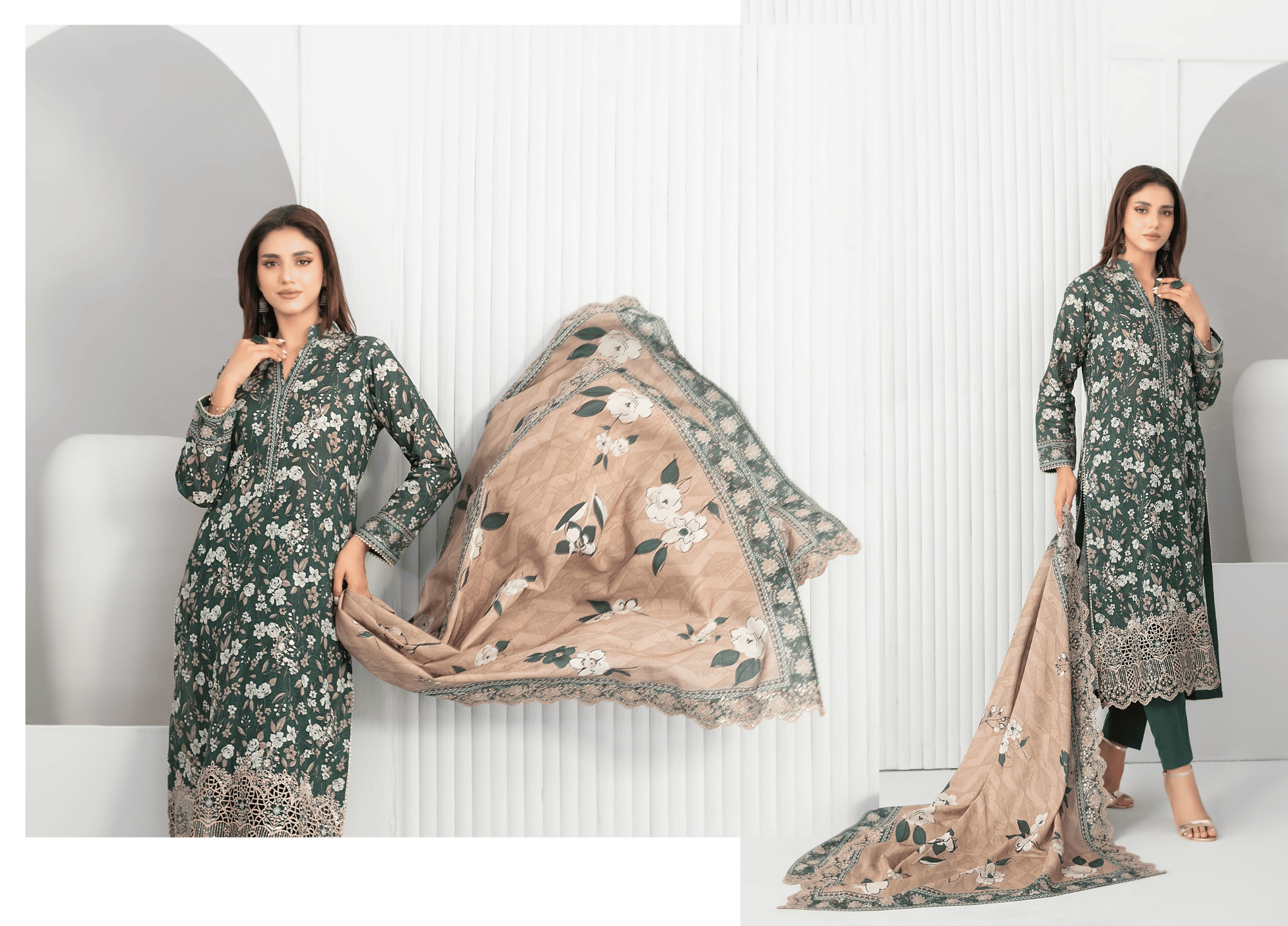 Emerald Green Floral Embroidered Khaddar 3 Piece Suit – Winter Collection