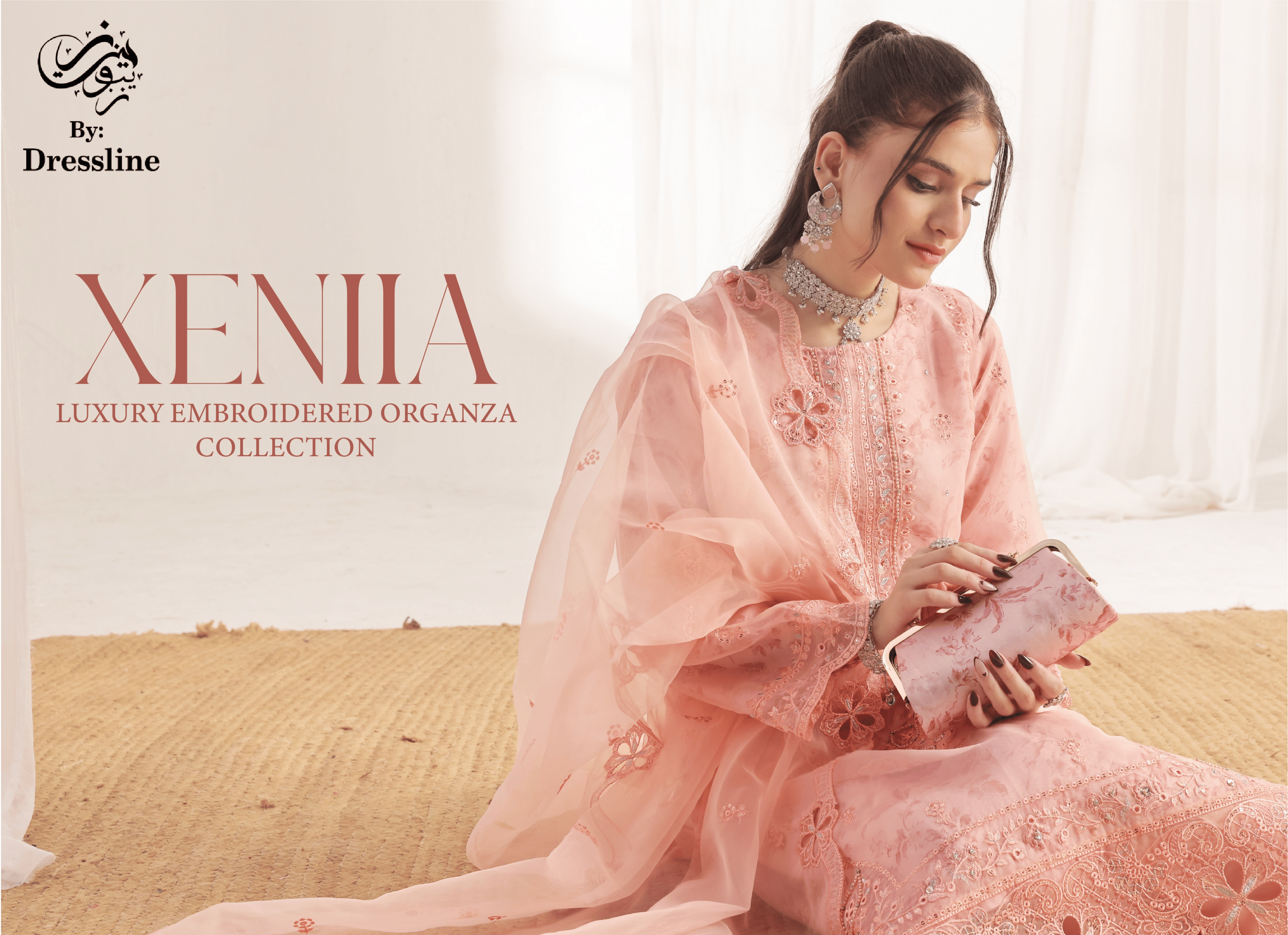 XENIIA Luxury Embroidered Peach Organza 3-Piece Suit with Matching Clutch