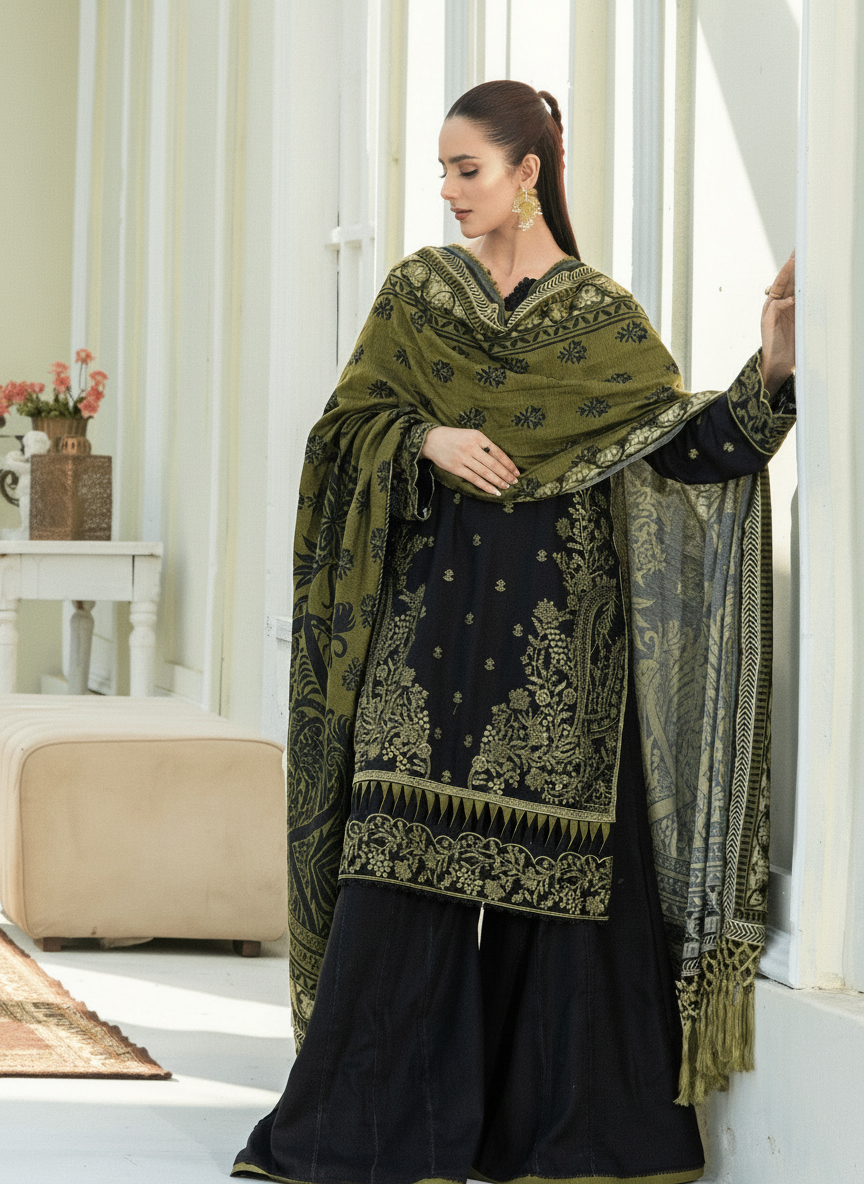 Luxury Embroidered Warm Slub 3-Piece Suit with Premium Jacquard Shawl – Winter Festive Collection