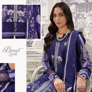 Woman wearing a purple floral dress with matching fabric swatches and 'Brand Lock' text.