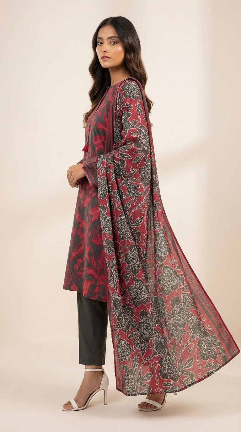 Woman wearing a red and black patterned kurta with black pants on a beige background