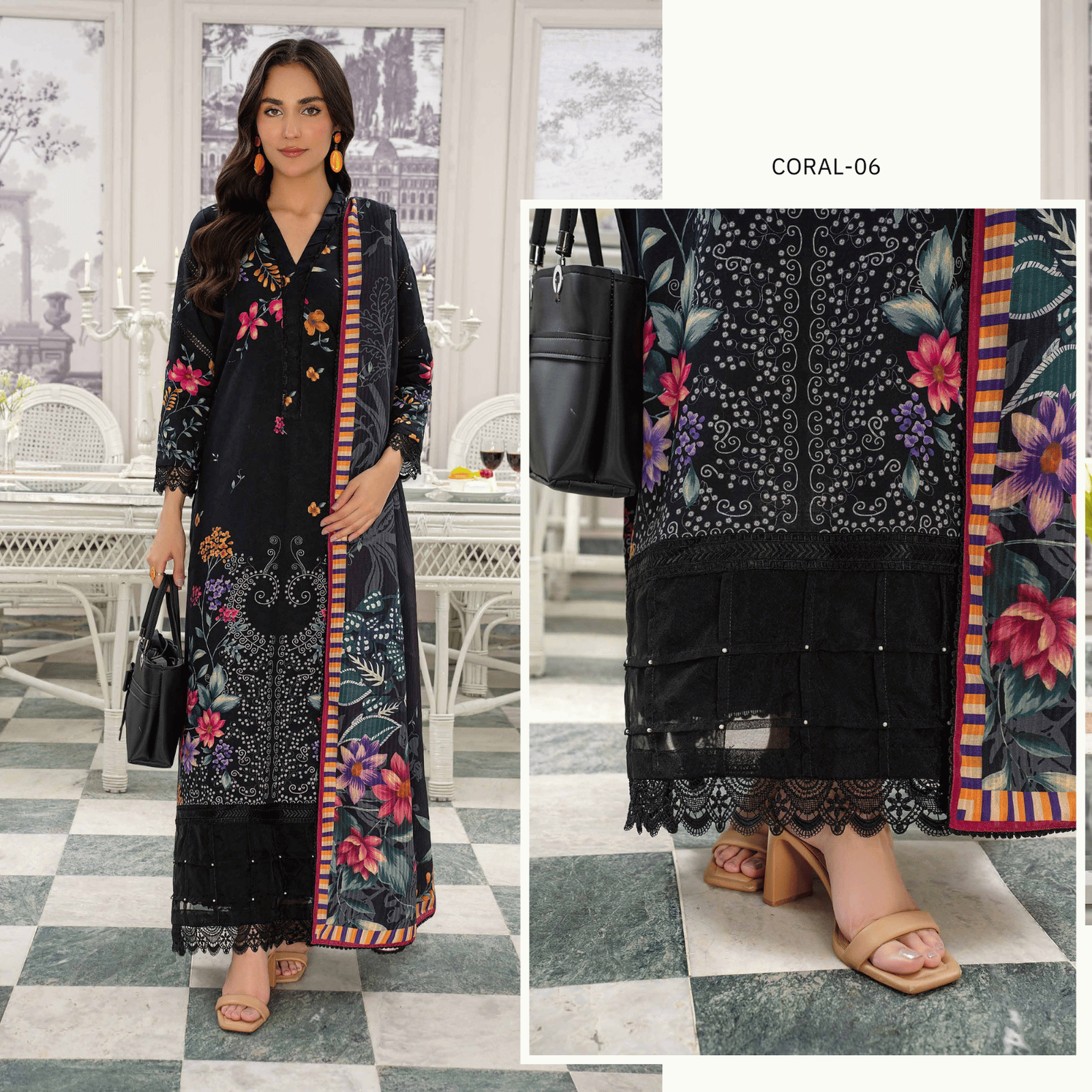 Woman wearing a black floral dress with colorful border in an indoor setting, featuring close-up details and the brand 'Sumptuous Dreams'.