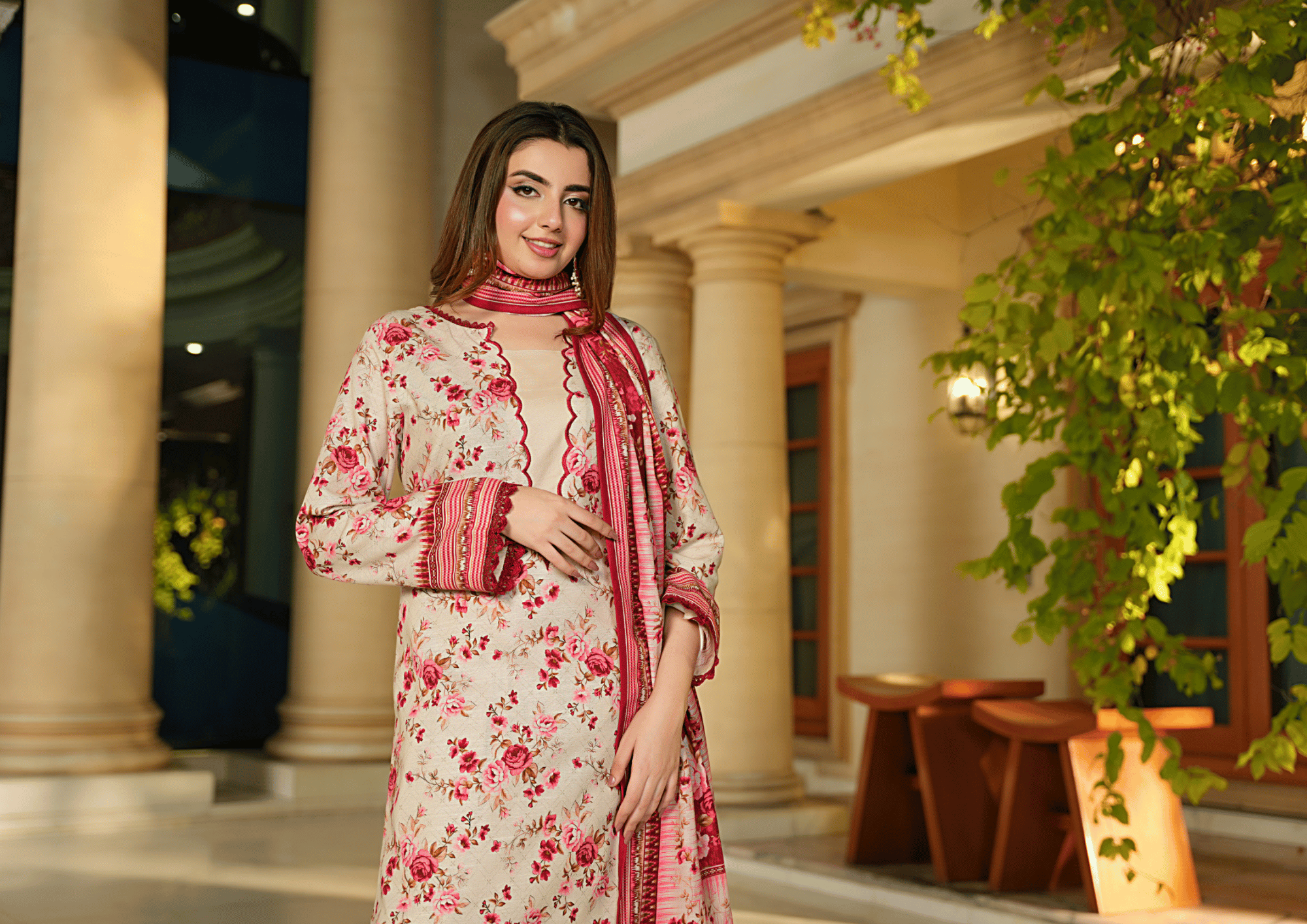 Cream & Rose Floral Printed Khaddar 3-Piece Winter Suit – Digital Printed Shirt & Dupatta with Dyed Trouser