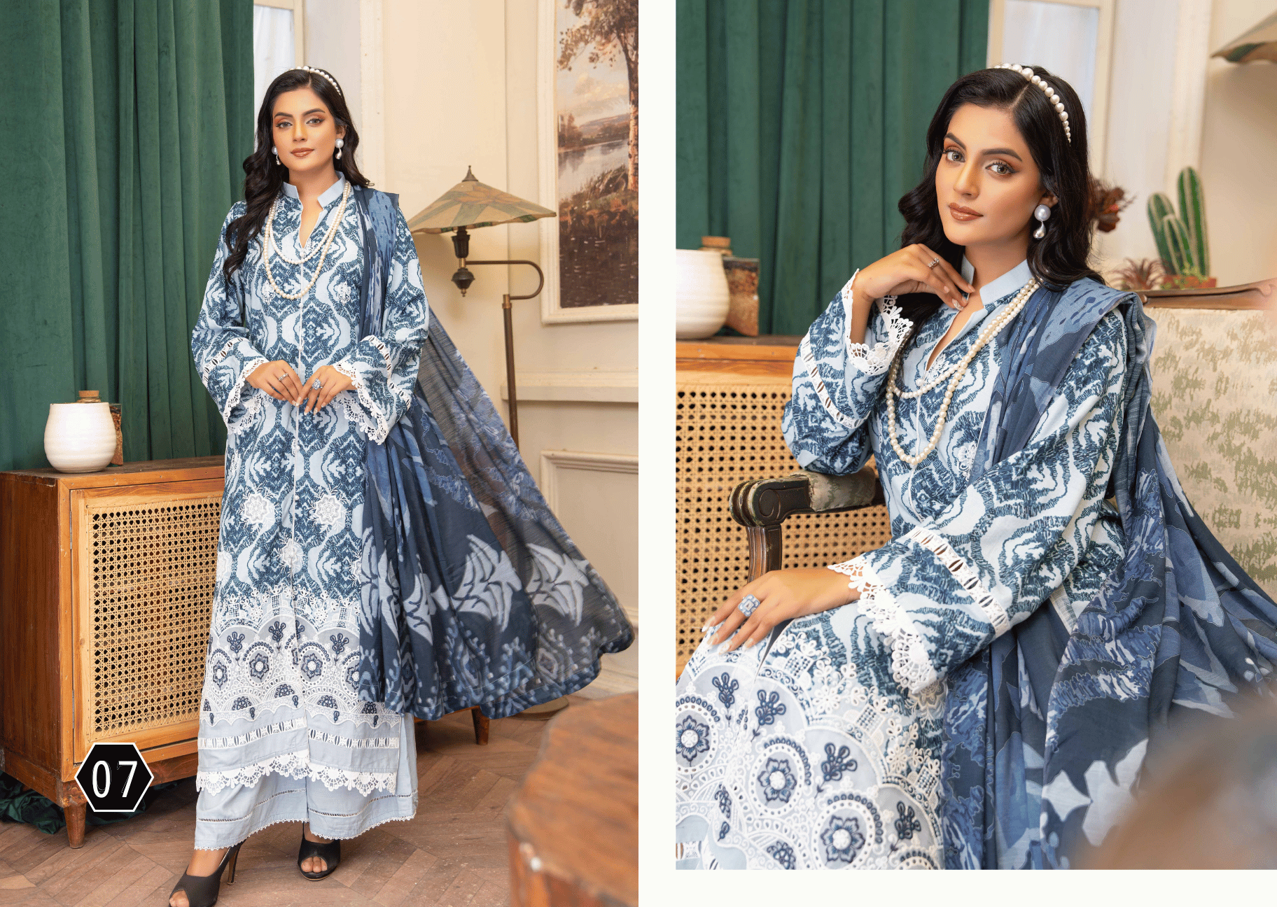 Slate Blue Ikat Fusion 3-Piece Suit | Applique Embroidered Staple Slub