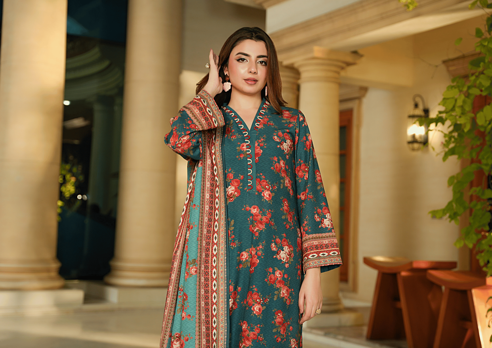 Teal Floral Printed Khaddar 3-Piece Winter Suit – Digital Printed Shirt, Printed Dupatta & Dyed Trouser