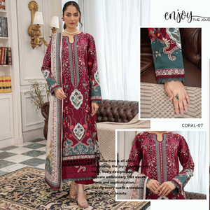 Woman wearing a patterned dress in a home setting with 'enjoy the journey' text.