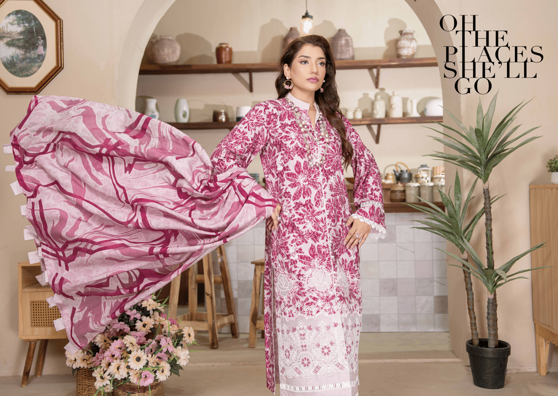 Mauve Pink Floral Applique Embroidered 3-Piece Suit | Digital Print Staple Slub