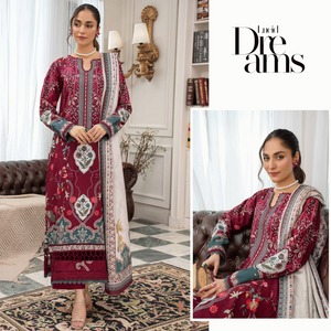 Woman in a patterned dress with a collage of images showing the dress in different settings.