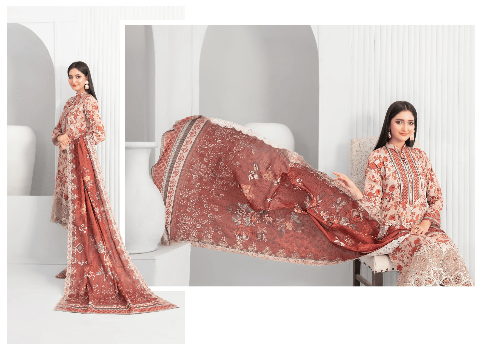 Rust & Beige - Embroidered Khaddar 3-Piece Suit for Winter