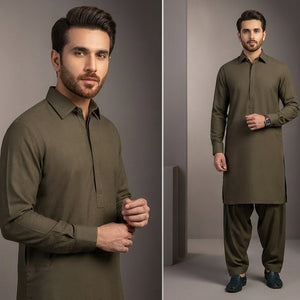 Man wearing a green traditional outfit with close-up details on a gray background