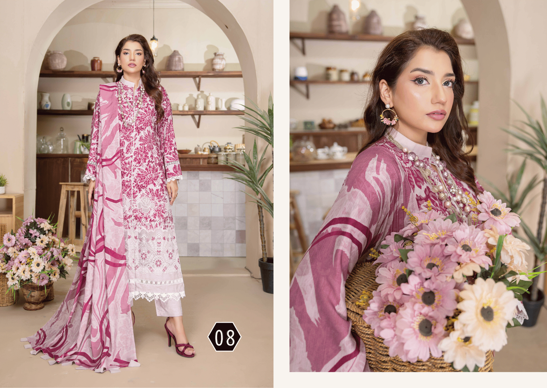 Mauve Pink Floral Applique Embroidered 3-Piece Suit | Digital Print Staple Slub