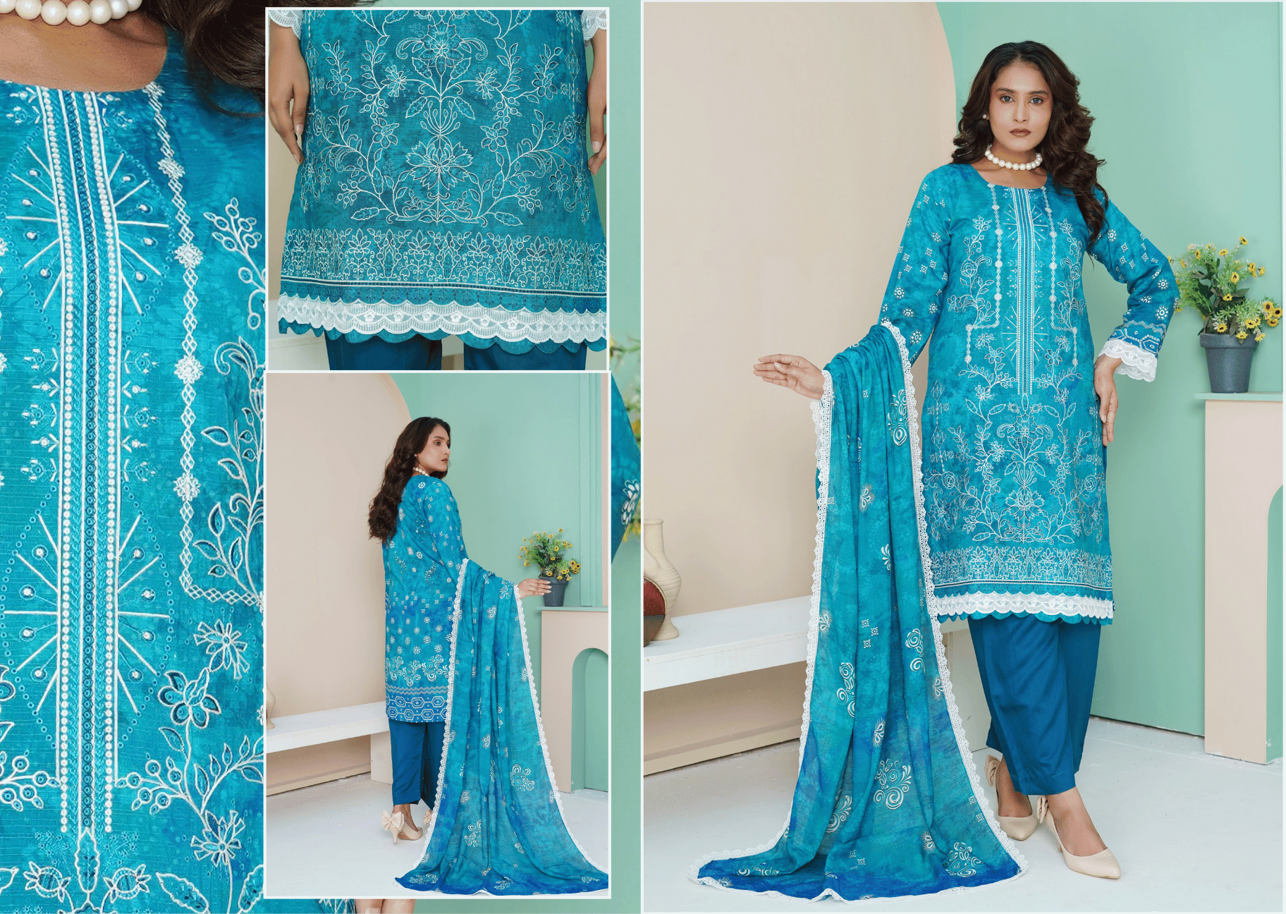 Teal Blue Embroidered Doria Viscose 3-Piece Suit | Diamond Slub Dupatta