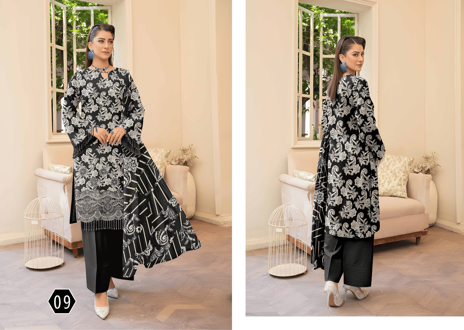 Black & White Monochrome 3-Piece Suit | Applique Embroidered Staple Slub