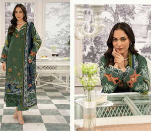Woman in a green traditional outfit standing in a room with a checkered floor.