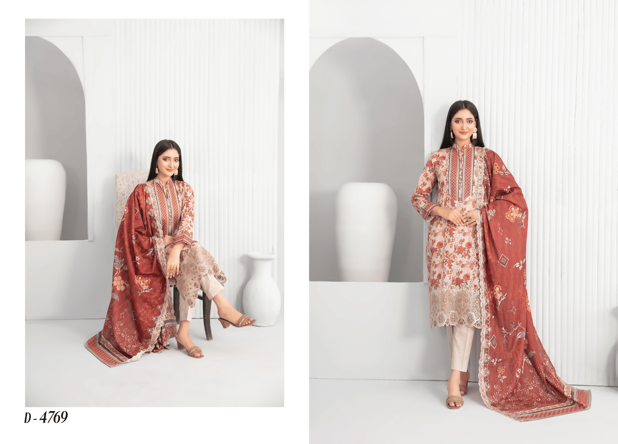 Rust & Beige - Embroidered Khaddar 3-Piece Suit for Winter