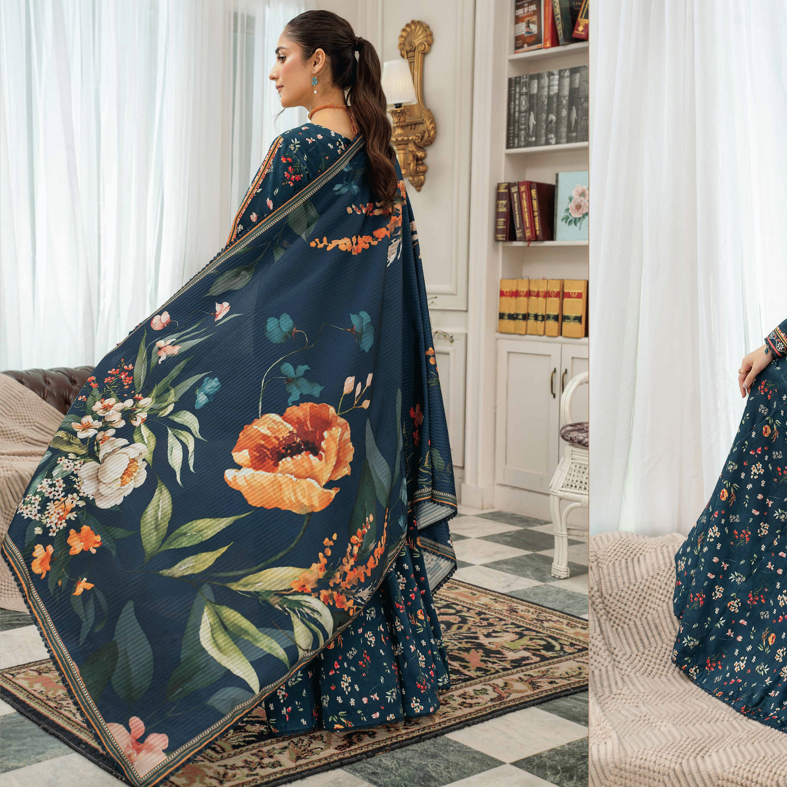 Woman wearing a dark blue floral saree in a living room setting