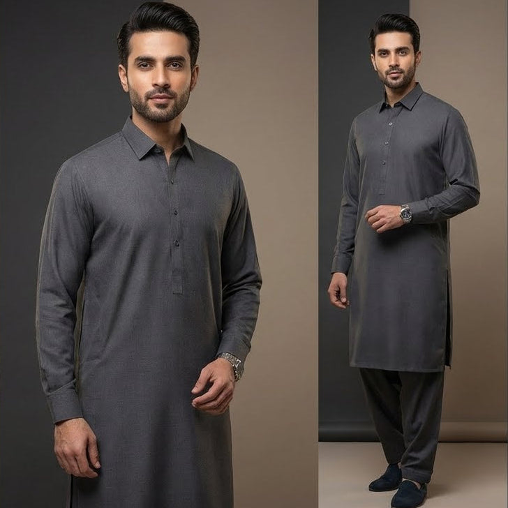 Man wearing a gray kurta in multiple poses against a neutral background