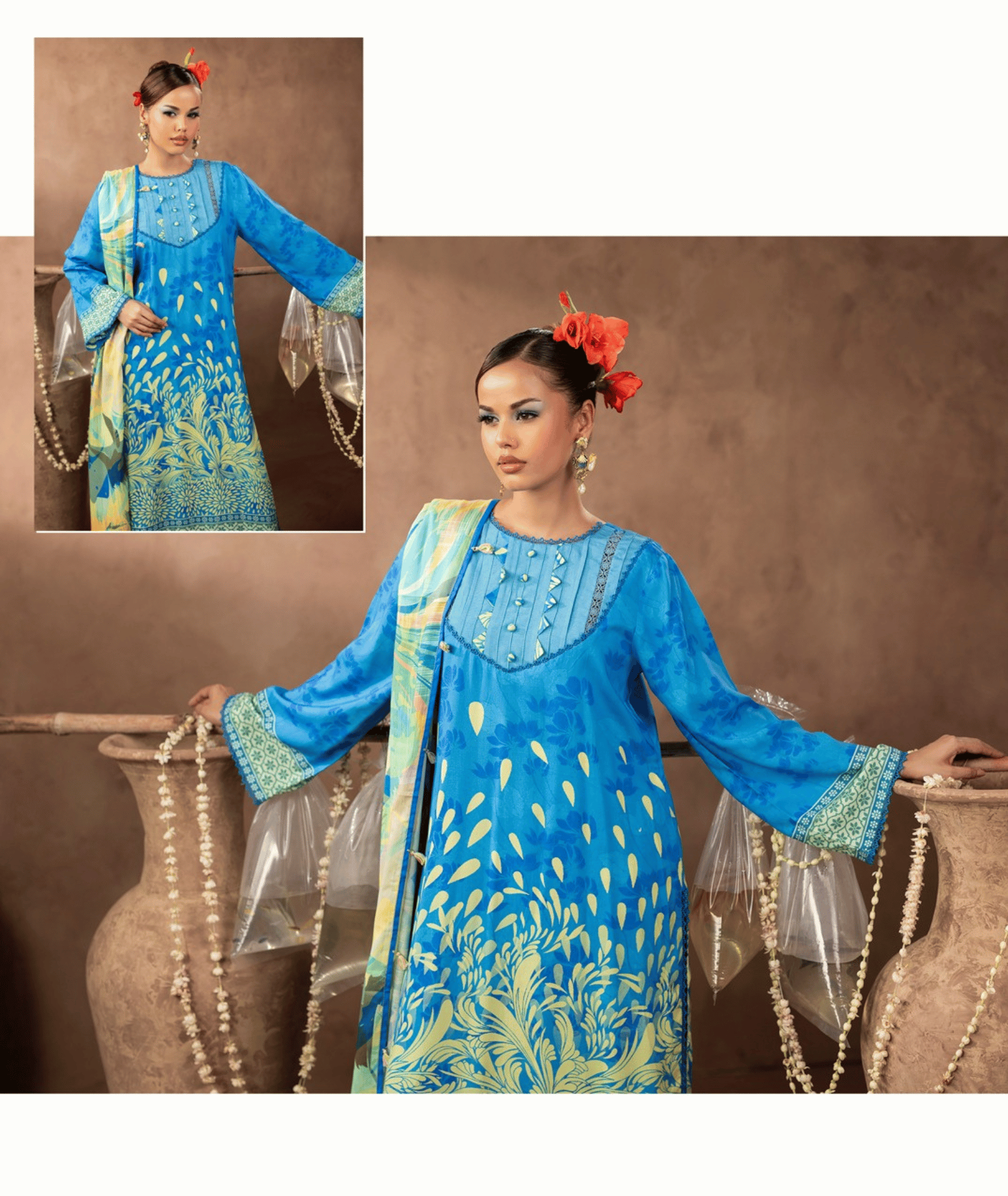 Premium Twill Marina 3-Piece Printed Suit — Teal Floral