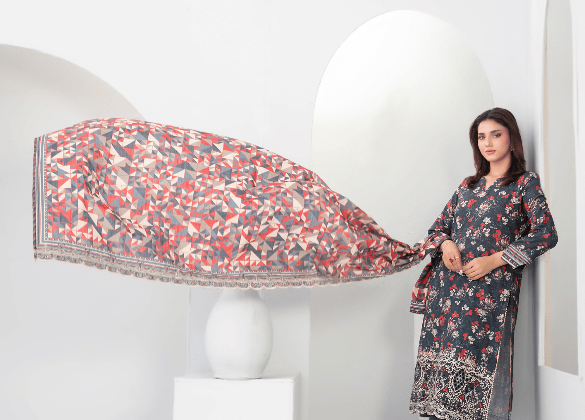 Peacock Blue Floral Embroidered Khaddar 3 Piece Suit – Winter Collection