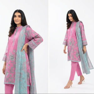 Woman modeling a pink and gray traditional outfit on a white background