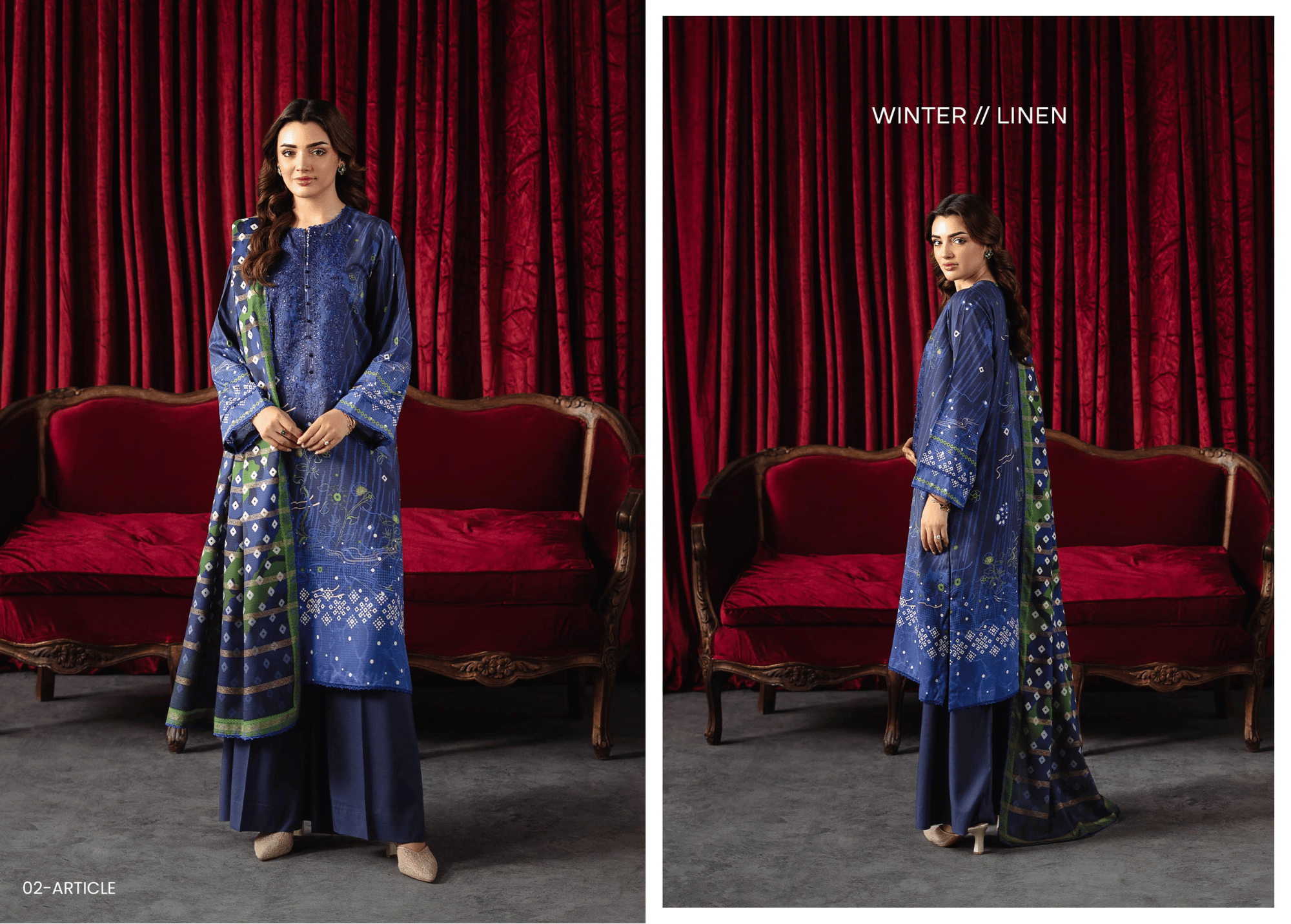 The Midnight Sapphire: Premium Winter Linen Ensemble with Embroidered Neckline | Unstitched