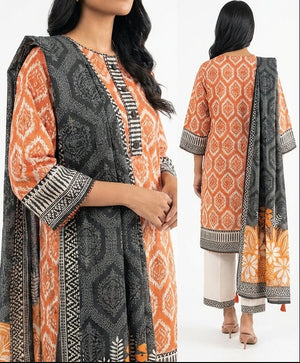 Woman wearing a traditional outfit with a patterned shawl in multiple views on a white background