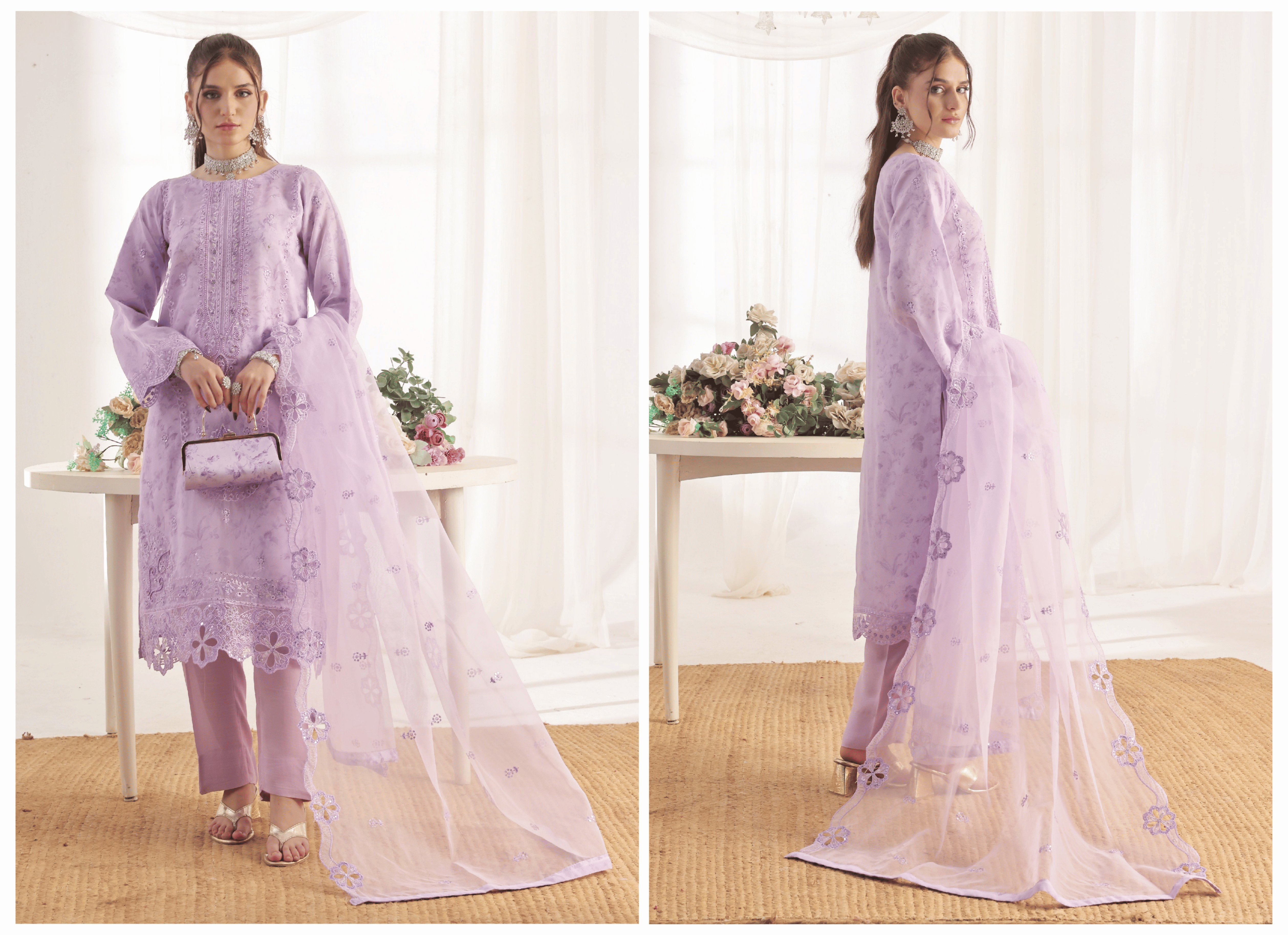 Elegant Embroidered Lilac Organza 3-Piece Suit with Matching Clutch