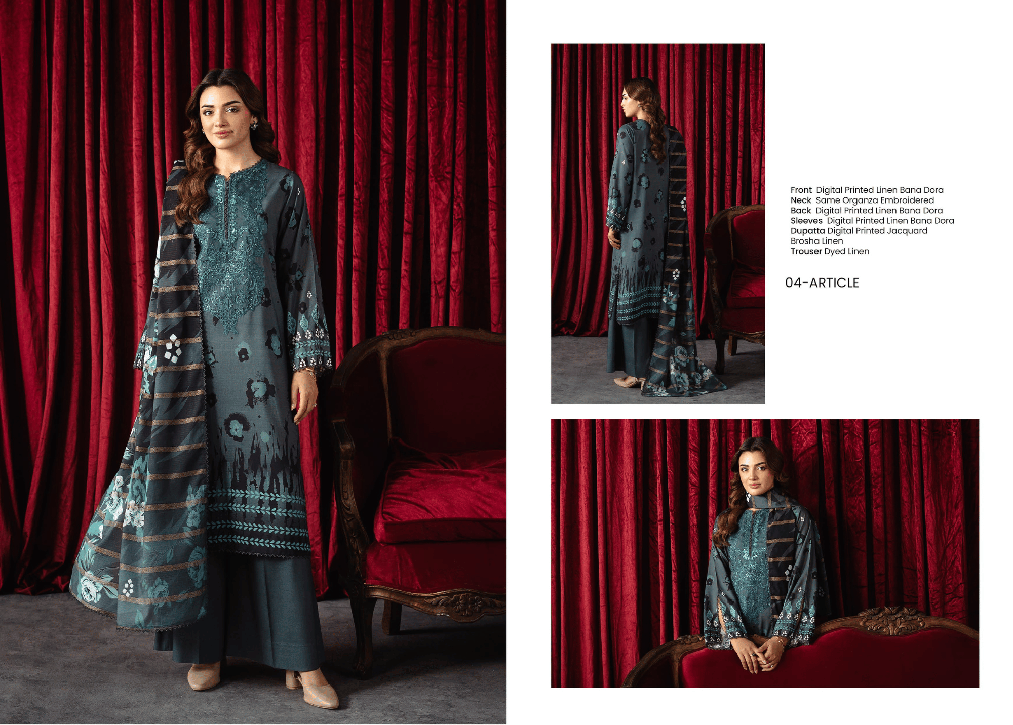 The Stormy Slate: Premium Linen Ensemble with Striped Jacquard Shawl | Unstitched