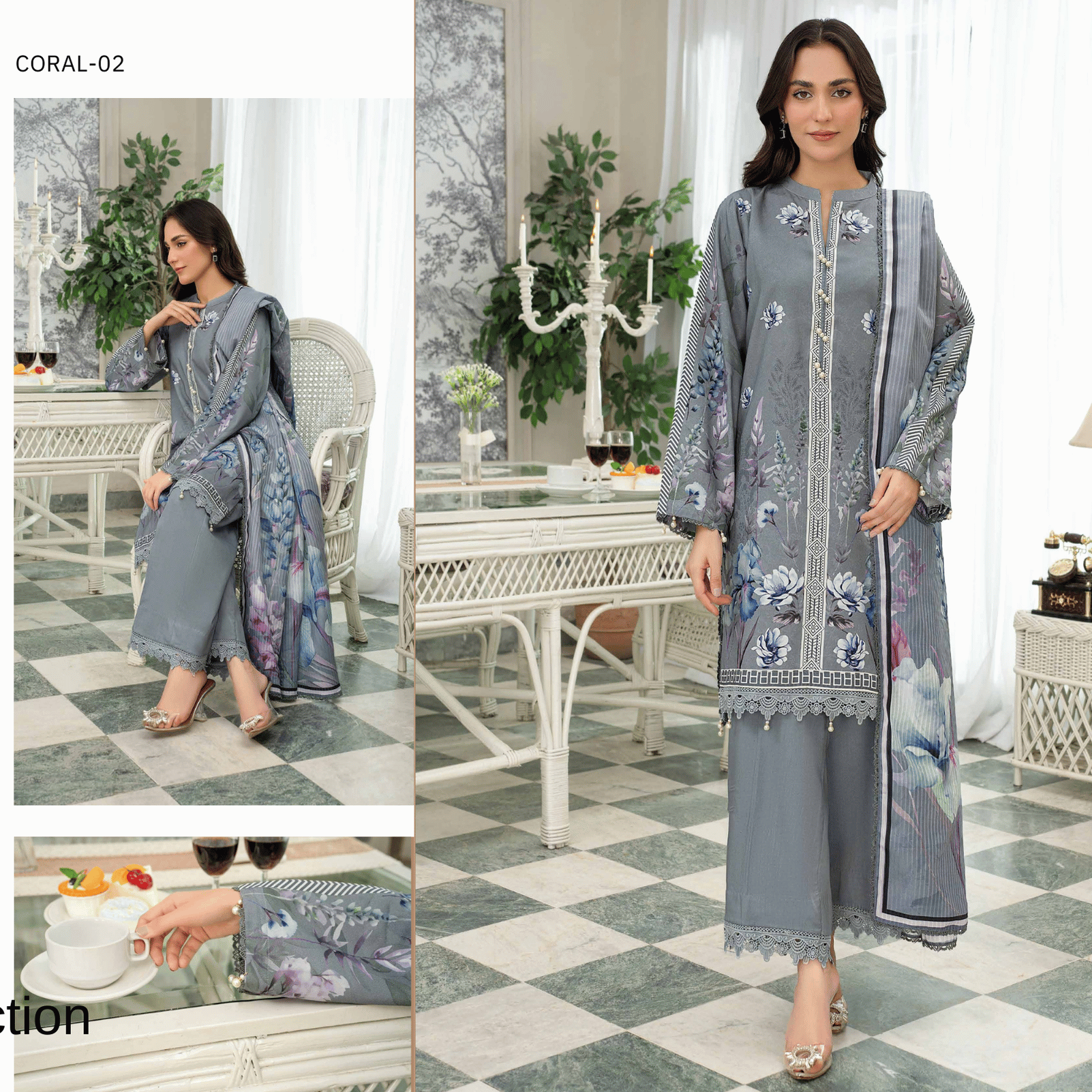 Woman in a gray outfit with floral patterns in a home setting