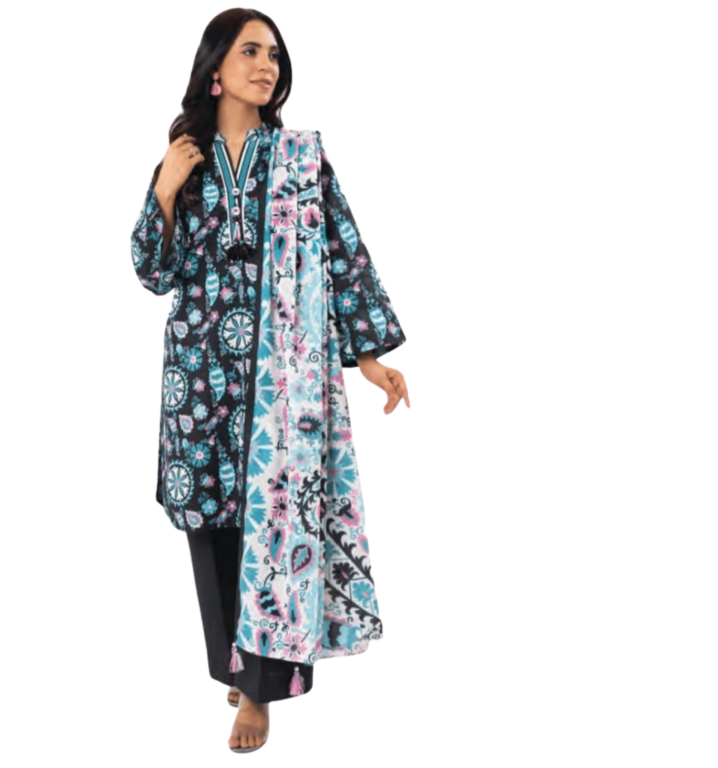 Black & Turquoise Paisley Printed Khaddar 3-Piece Suit - Unstitched